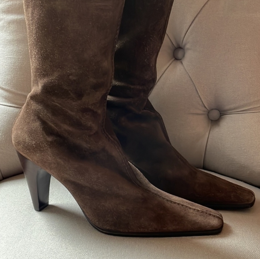 Prada Brown Suede Pointed-Toe Knee-High Heeled Boots - Picture 11 of 11
